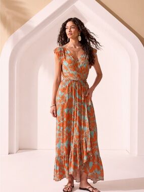 XIX PALMS Floral Wrap Maxi Dress in Orange and Teal SIZE XS